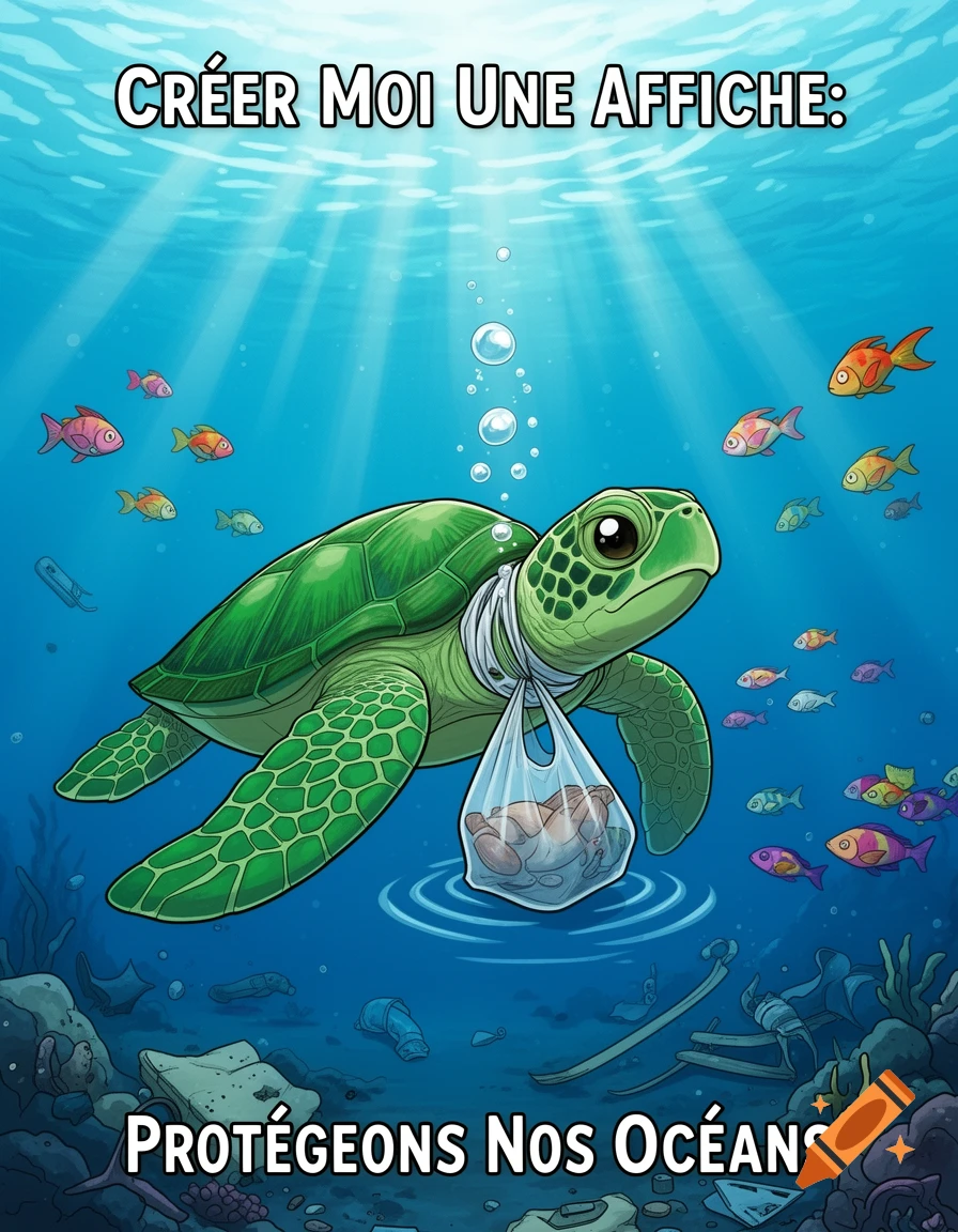 Cartoon poster of a green sea turtle with a plastic bag around its neck and holding another, swimming among ocean pollution. Text reads 'PROTÉGEONS NOS OCÉANS'.