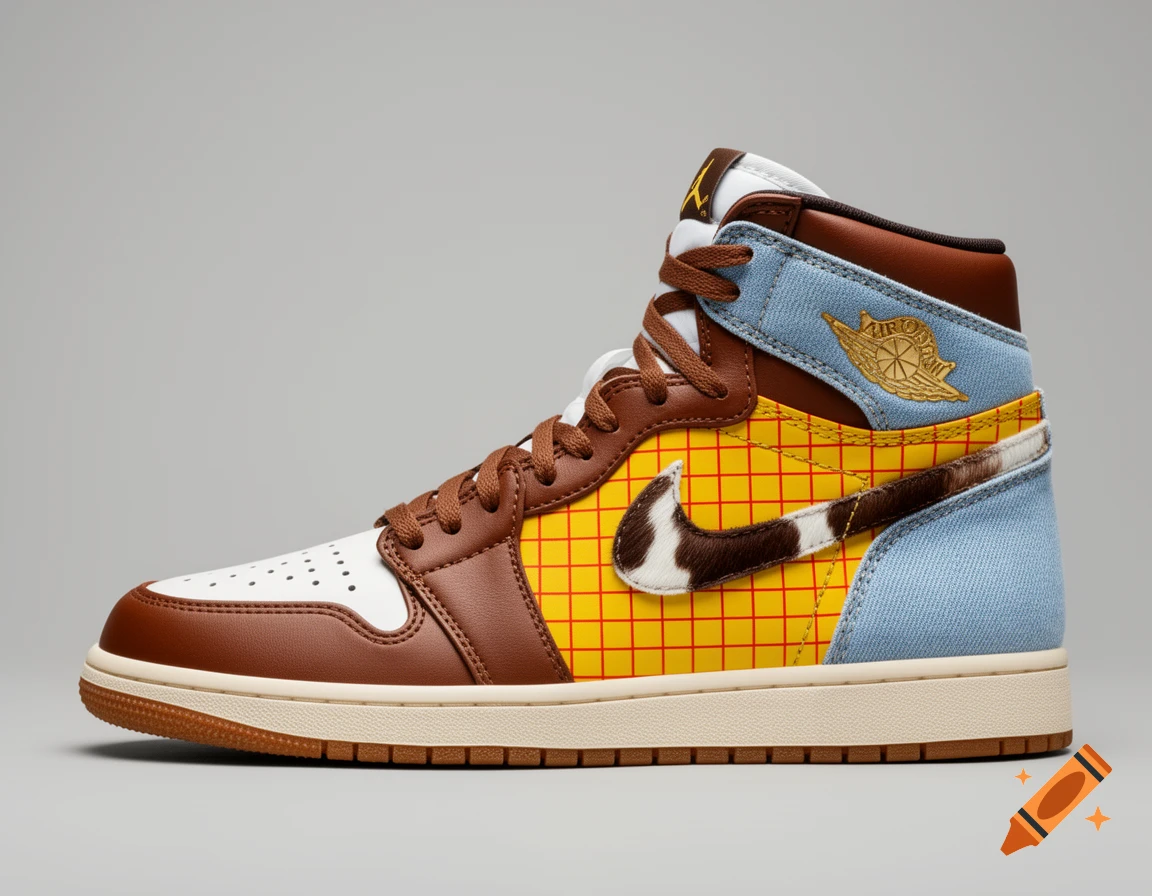 Close-up product shot of a custom Air Jordan 1 sneaker designed with a "Sheriff Woody" theme, featuring a cow-print swoosh.