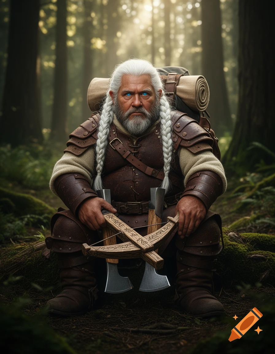 A grizzled dwarf with white braided hair and blue eyes, wearing leather armor, holds a crossbow while crouching in a sunlit forest.