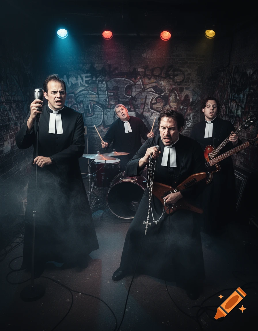 Four men dressed as priests perform in a grunge band, with a singer holding a rosary, a guitarist, a bassist, and a drummer, against a graffiti-covered brick wall under stage lights. The scene is lit with blue, red, and yellow spotlights, creating a smoky atmosphere.