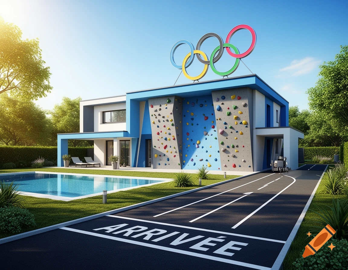 A modern, architecturally designed house with blue accents, a climbing wall, a swimming pool, and Olympic rings on the roof. The driveway is marked with "ARRIVEE".