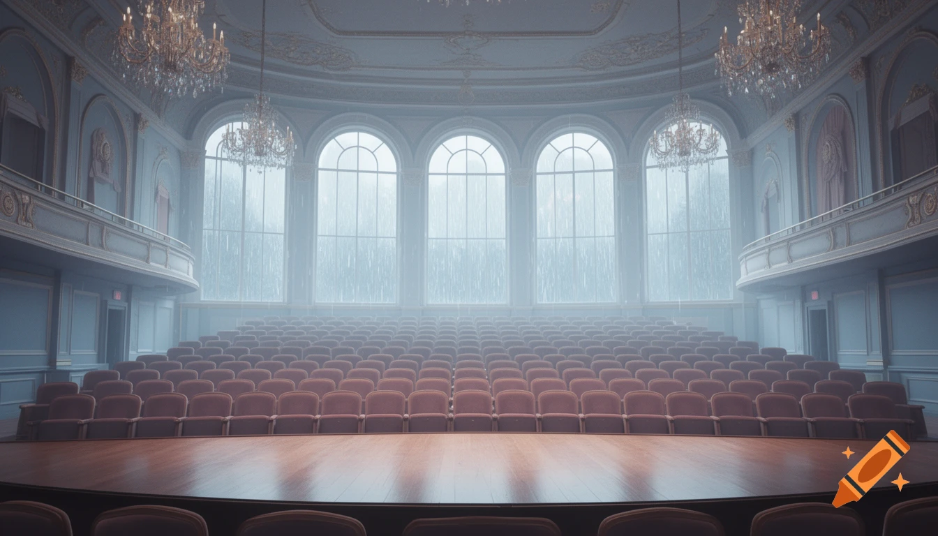 An empty, elegant concert hall from the stage view, showing rows of red seats, a balcony, and large arched windows with rain outside. Two grand chandeliers hang from the ornate, light blue ceiling.