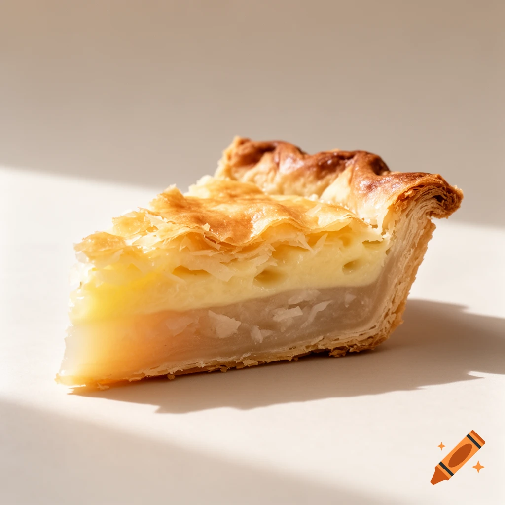 Close-up photograph of a slice of buko pie with a golden flaky crust and creamy filling.