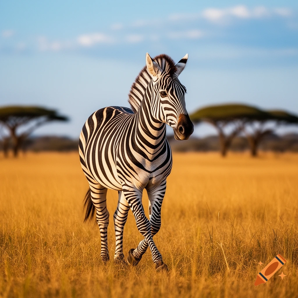 A photorealistic zebra stands in a golden savanna, its front legs crossed, under a blue sky.