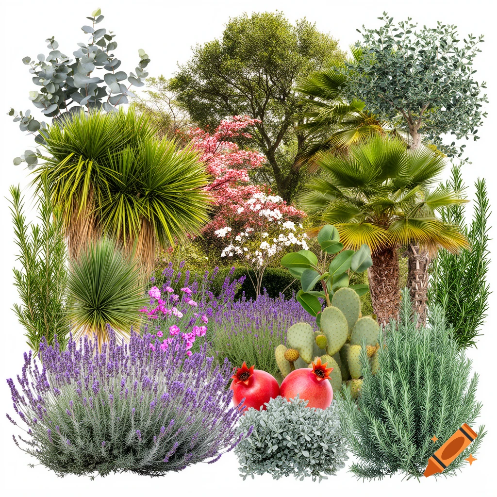 A vibrant collage of diverse plants and trees, including palm trees, lavender, eucalyptus, agave, cacti, and pomegranates.