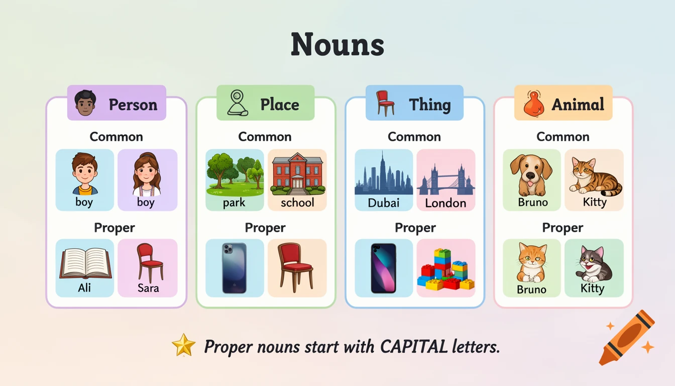 An educational chart titled "Nouns" with four columns: Person, Place, Thing, and Animal, each divided into Common and Proper nouns with illustrations and text labels.