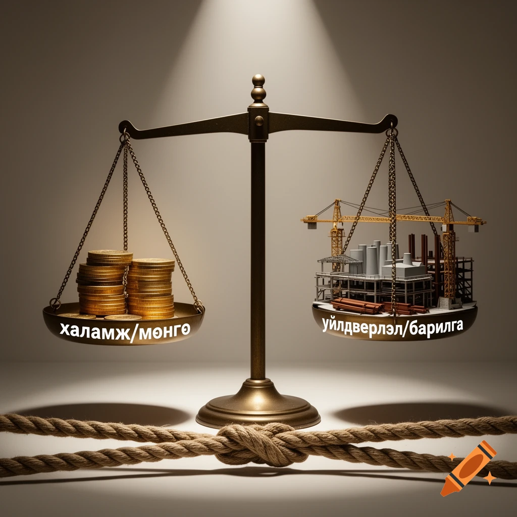 A balance scale with gold coins and 'халамж/мөнгө' on one side, and an industrial site with 'үйлдвэрлэл/барилга' on the other, symbolizing economic balance.