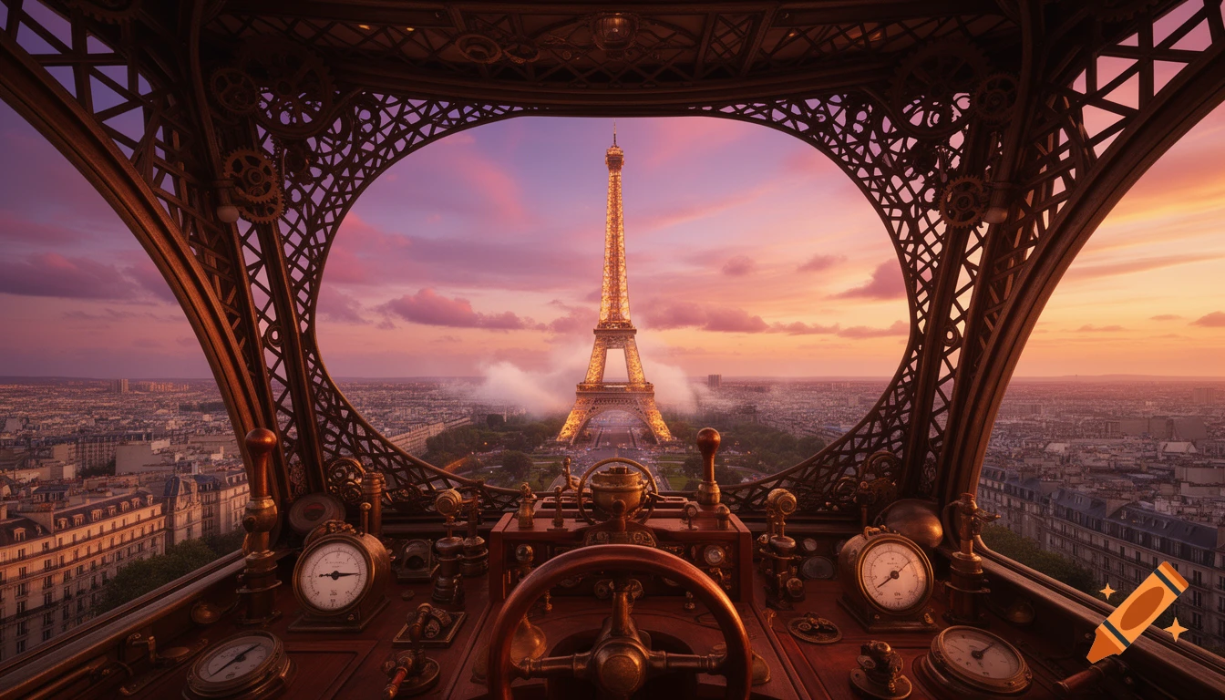 A detailed steampunk cockpit view of the Eiffel Tower and Paris cityscape at sunset, with intricate gears and dials.