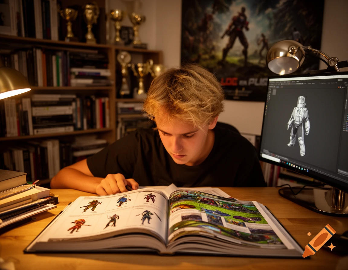 A blonde student studies at a desk, looking at an open book and a computer screen displaying a 3D model, with trophies on a shelf behind.