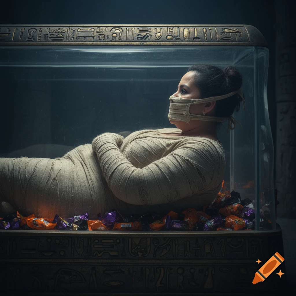 A full-figured woman, wrapped like a mummy with a gag over her mouth, lies in a transparent sarcophagus filled with Halloween candy.