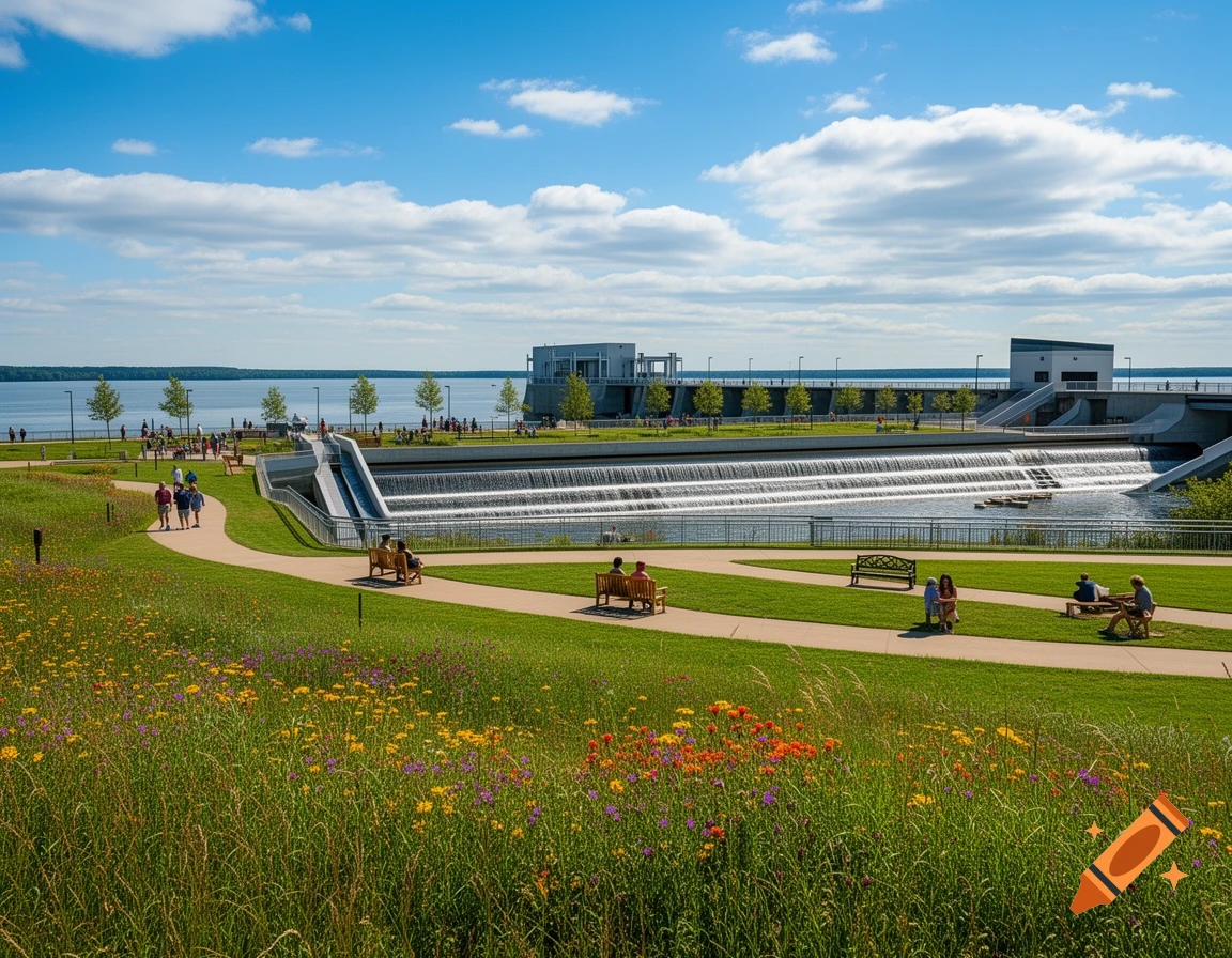 A panoramic photorealistic view of a modern dam with tiered waterfalls, a fish pass, and a lush green park with people and wildflowers under a bright blue sky.