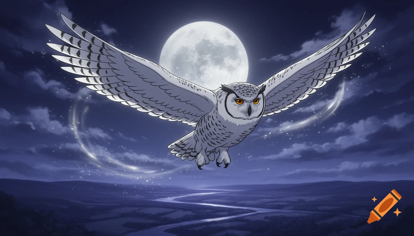 Anime illustration of a white owl with outstretched wings flying across a full moonlit night sky over a winding river.
