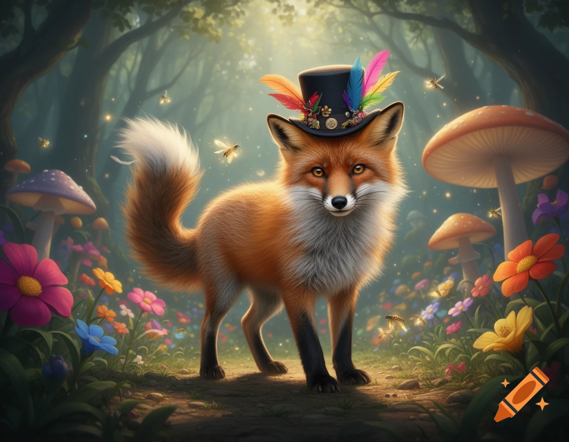 A cute fox in a top hat with colorful feathers stands in a magical forest with glowing insects, flowers, and mushrooms.