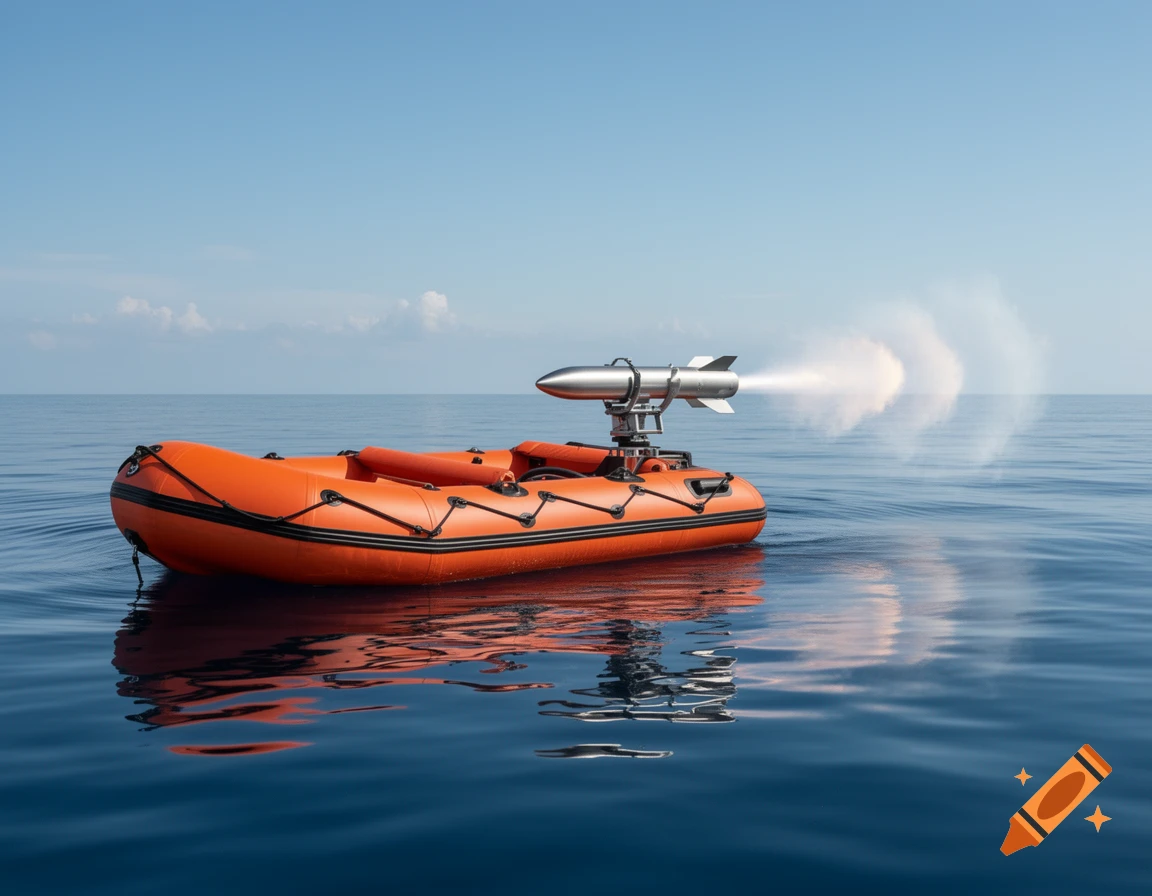 An orange inflatable boat with a silver missile launcher firing a missile on a calm blue sea under a clear sky.