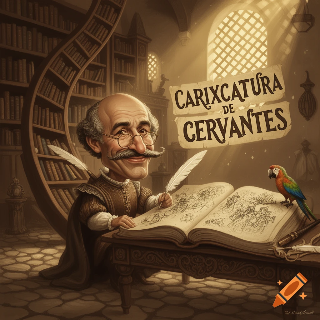 A cartoonish caricature of an old man with a large mustache and glasses, dressed in period attire, writing in a large book with a quill in a dimly lit library. A colorful parrot sits on the book. A banner overhead reads "CARIXCATURA DE CERVANTES".
