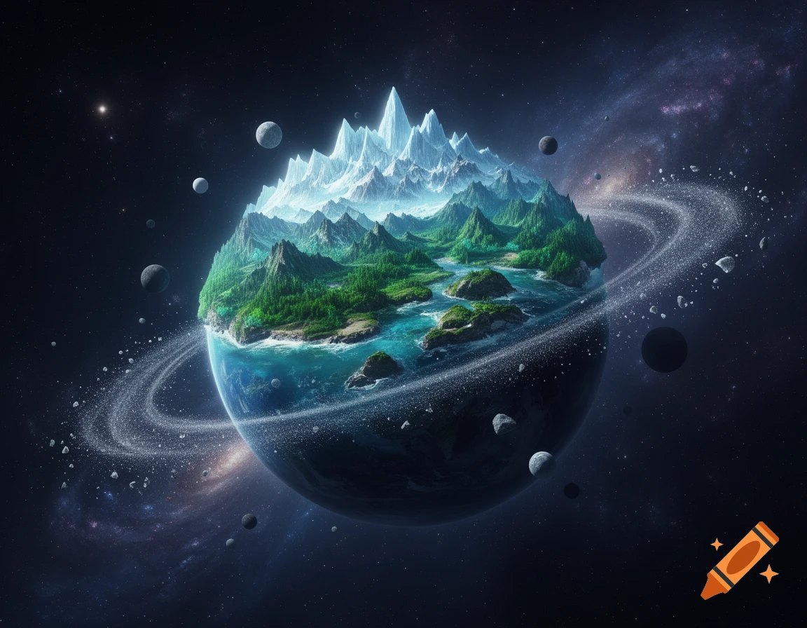 A vibrant, fantastical planet with green mountains, forests, and blue oceans, encircled by a starry ring, set against a dark cosmic background.