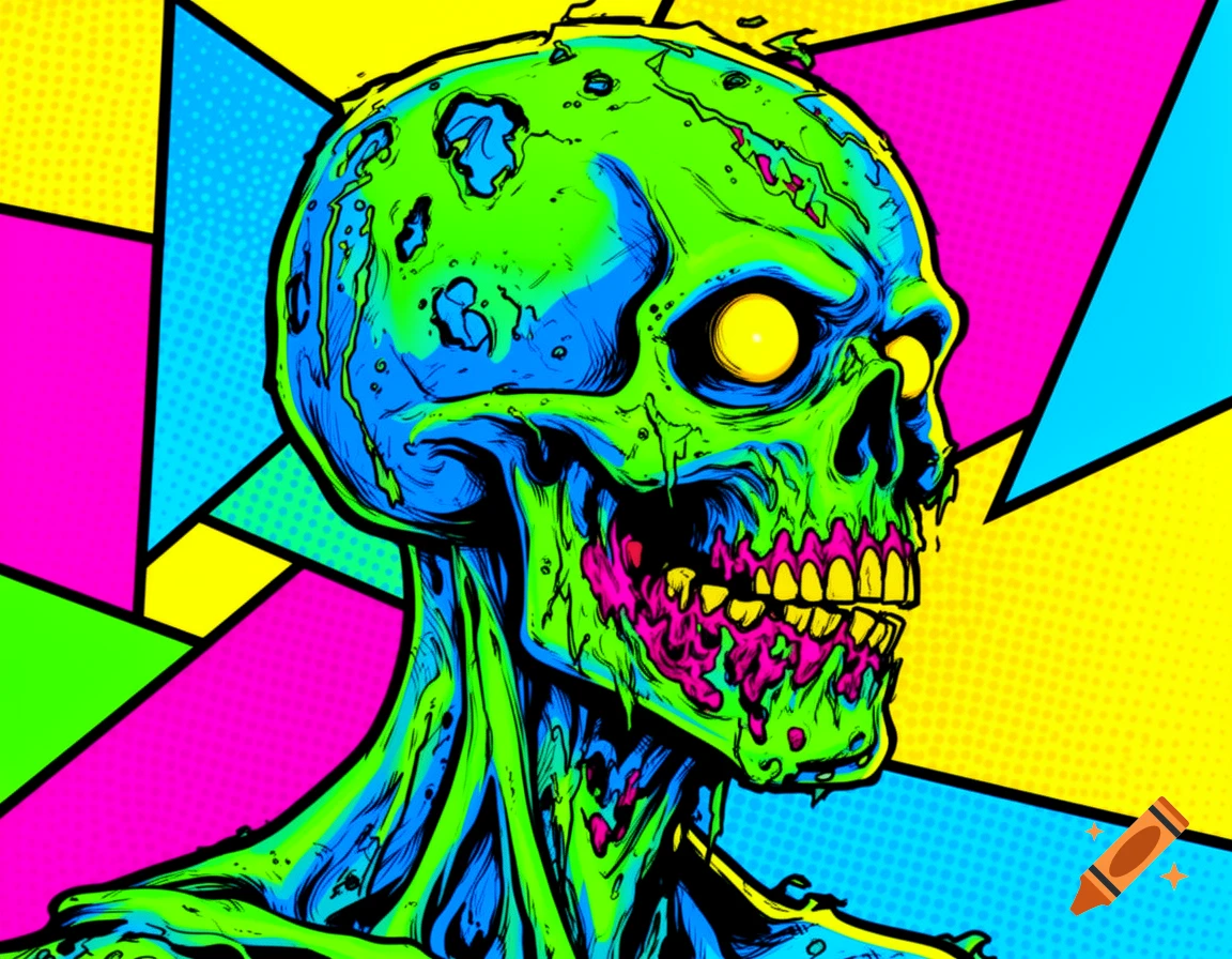 A pop art style illustration of a zombie's head and upper torso, rendered in vibrant neon green, blue, pink, and yellow, against a geometric background.