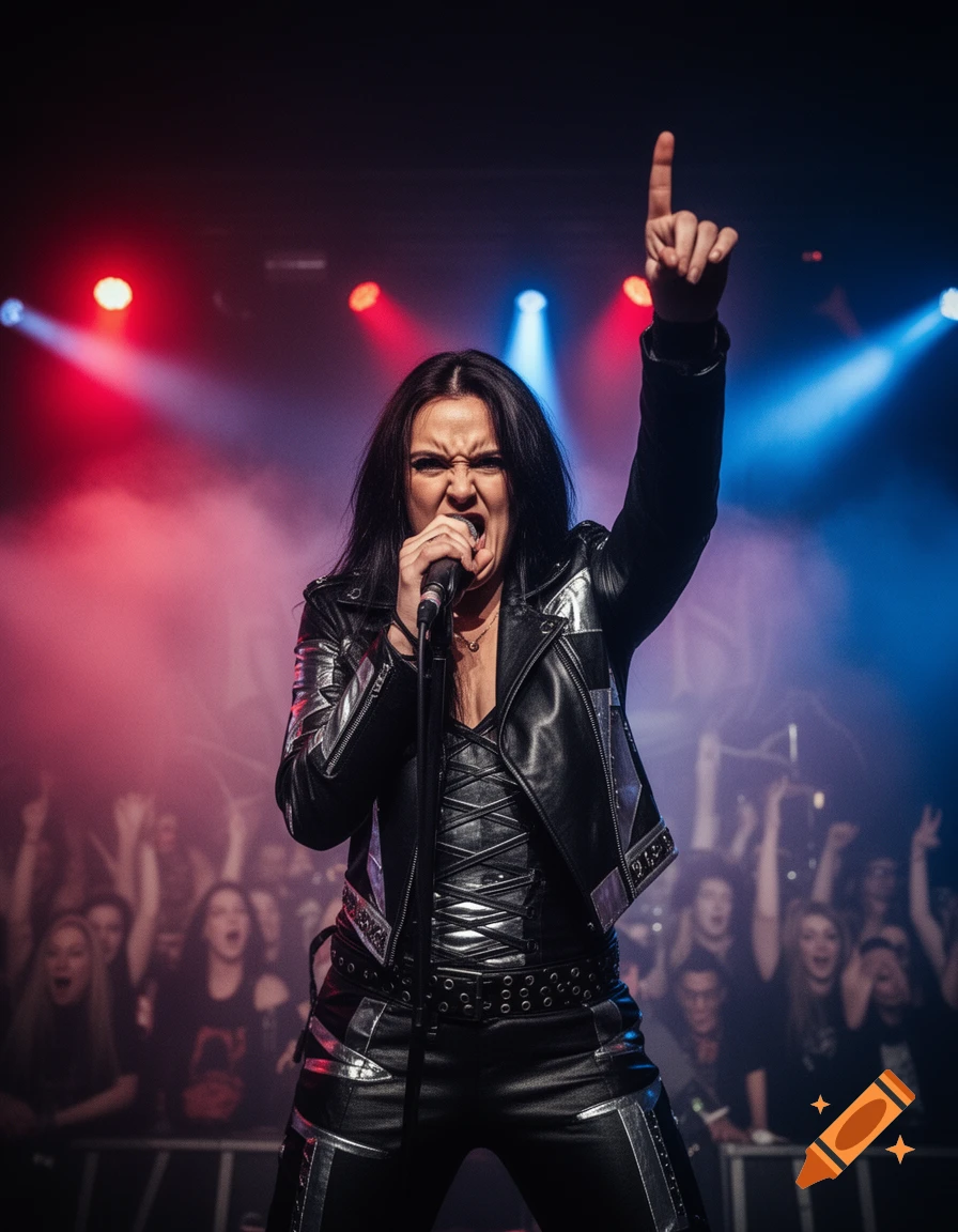 A female rock singer on stage, in a leather outfit, with her mouth open singing into a microphone and one finger raised, bathed in red and blue stage lights.