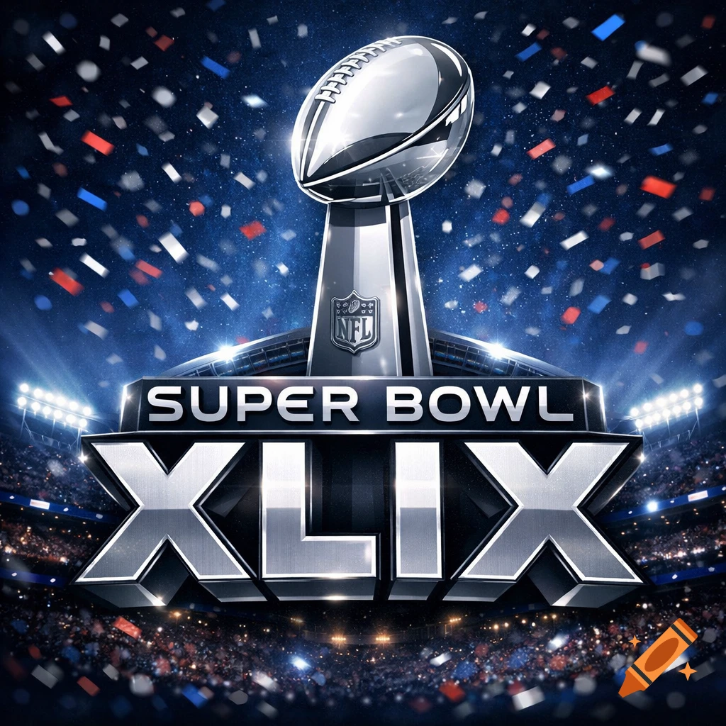 A stylized Super Bowl XLIX logo featuring a gleaming silver football trophy,