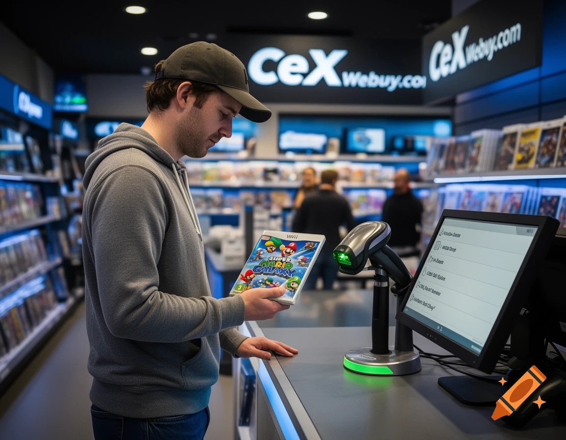 A man in a grey hoodie and baseball cap holds a Super Mario Galaxy Wii game box in a CeX store, standing by a counter with a barcode scanner and a computer monitor.