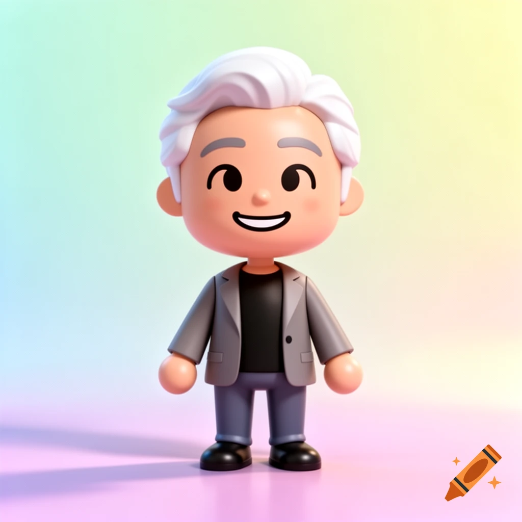 A smiling stylized 3D rendered cartoon character with white hair, wearing a gray suit jacket and black shirt, against a soft gradient background.
