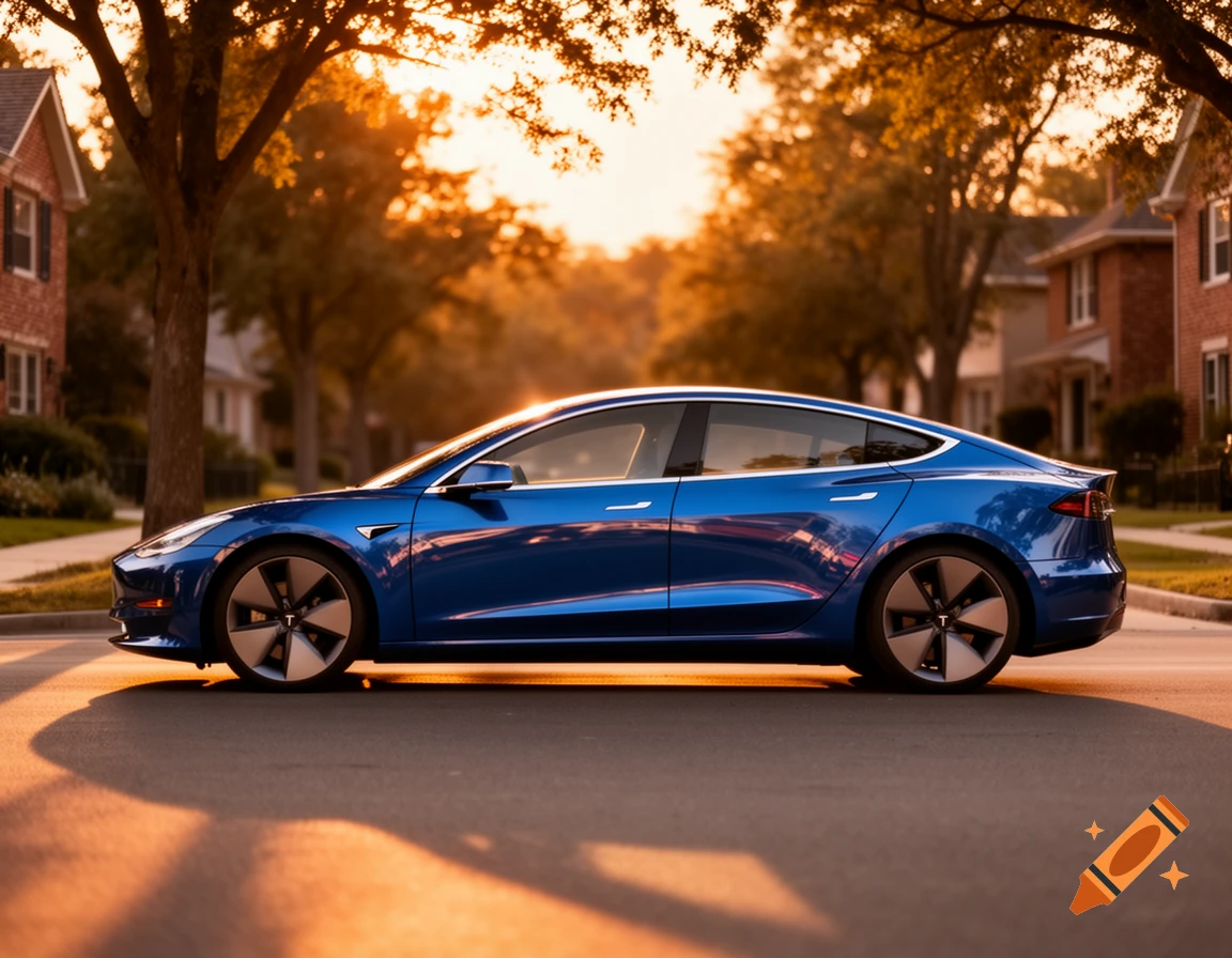 A sleek blue Tesla car is parked on a sunlit residential street, with houses and trees in the golden hour glow.