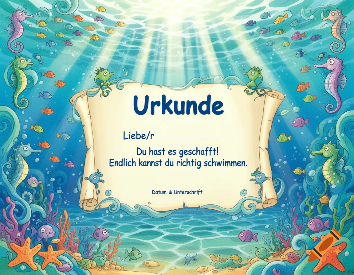A vibrant child-friendly illustration of an underwater certificate for a swimming course, featuring seahorses, fish, and starfish.