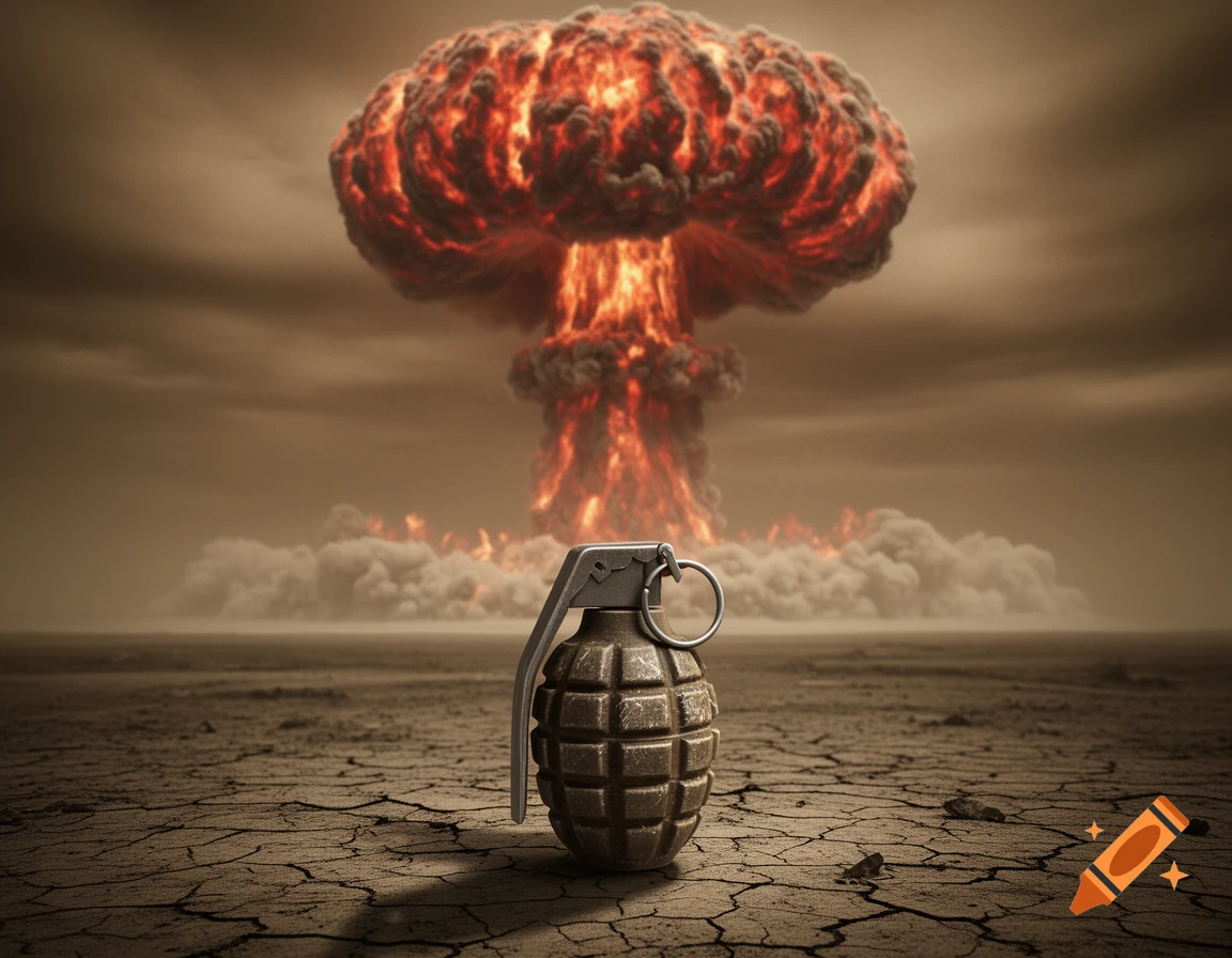 A hand grenade rests on cracked, dry earth with a massive, fiery nuclear mushroom cloud erupting in the background under a dark sky.