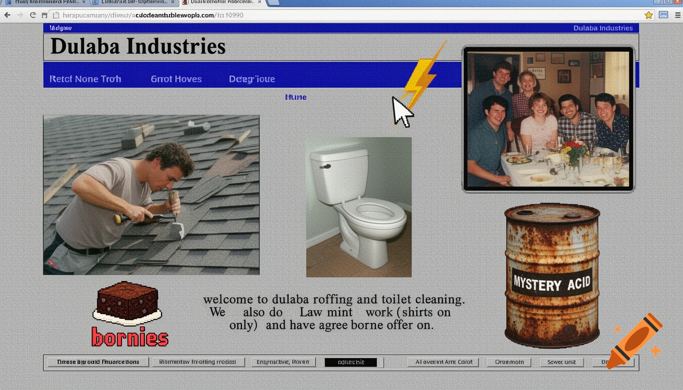 A screenshot of a poorly designed 1990s-era webpage for "Dulaba Industries", featuring a man roofing, a toilet, a family photo, a barrel labeled "MYSTERY ACID", and a brownie captioned "bornies".