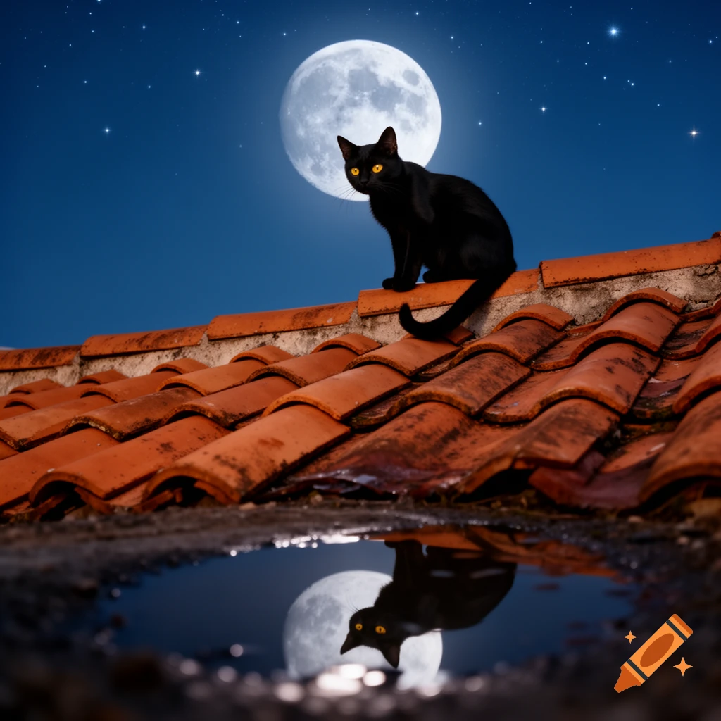 A black cat with glowing yellow eyes sits on a terracotta tiled roof under a large full moon, with its reflection in a puddle.