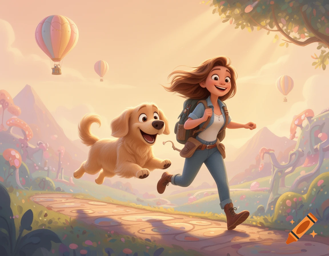 A happy cartoon woman and a golden retriever dog run joyfully on a path through a whimsical pastel landscape with hot air balloons.
