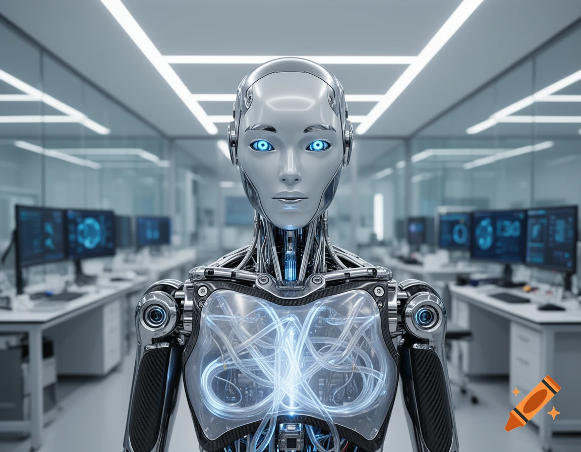 Close-up of a silver humanoid robot with glowing blue eyes and transparent chest revealing internal bright blue glowing components, in a futuristic lab.