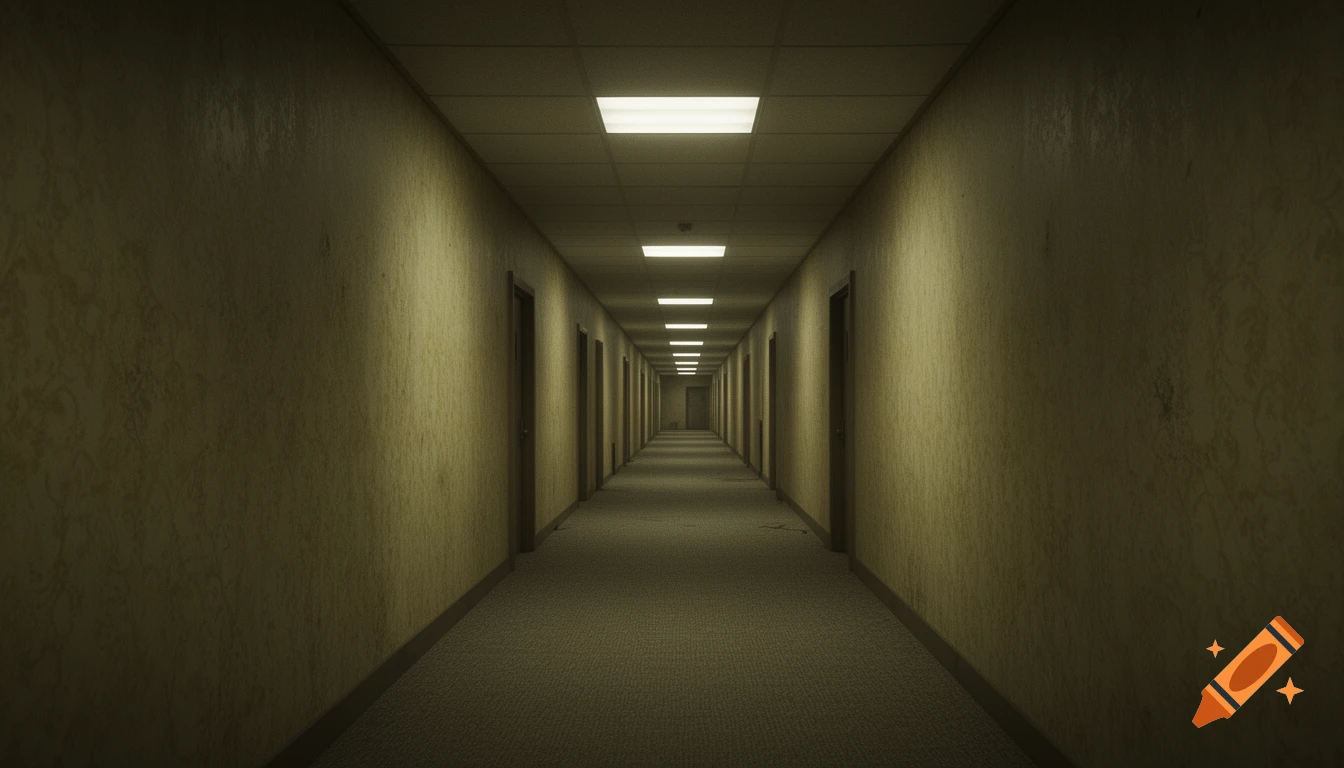 A long, dark, narrow hallway with fluorescent lights, numerous doors, and textured, yellowish walls, creating a liminal and eerie atmosphere.