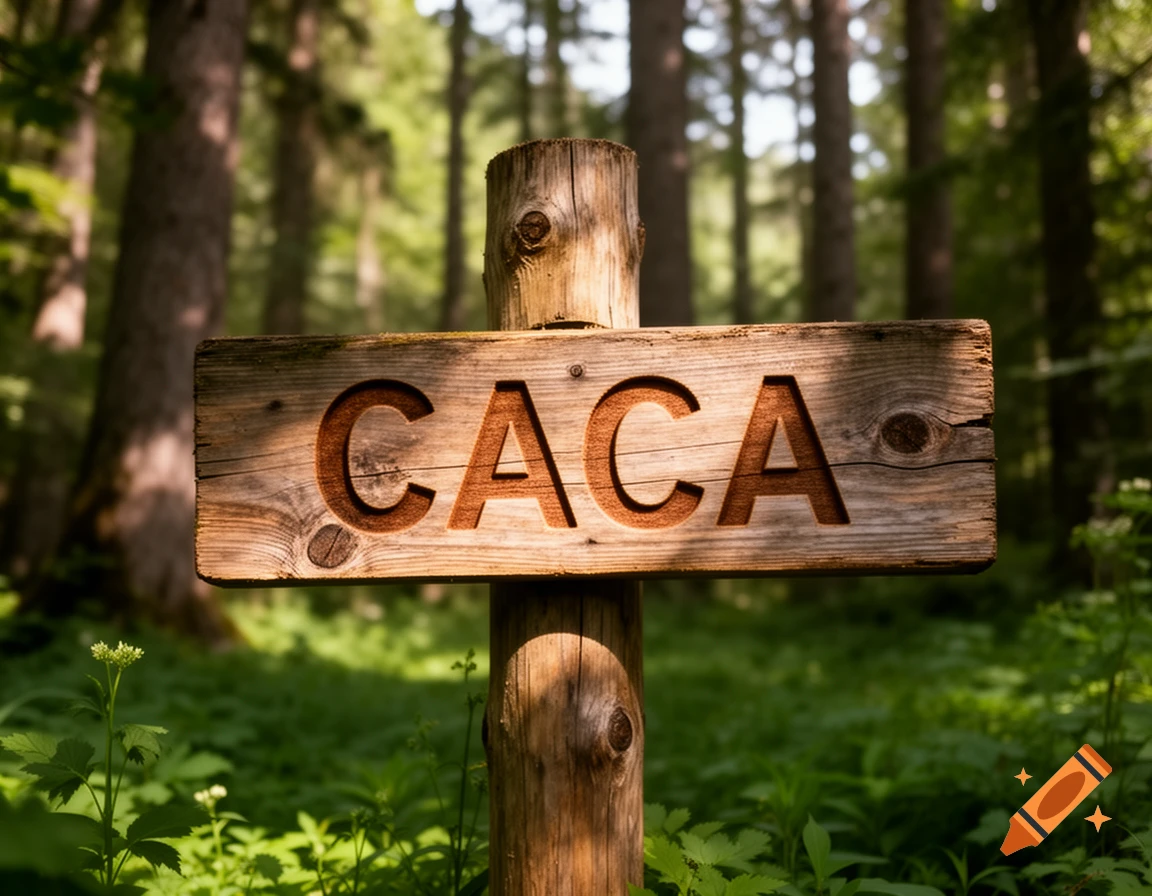 A rustic wooden sign with the word "CACA" carved into it stands in a sun-dappled green forest.