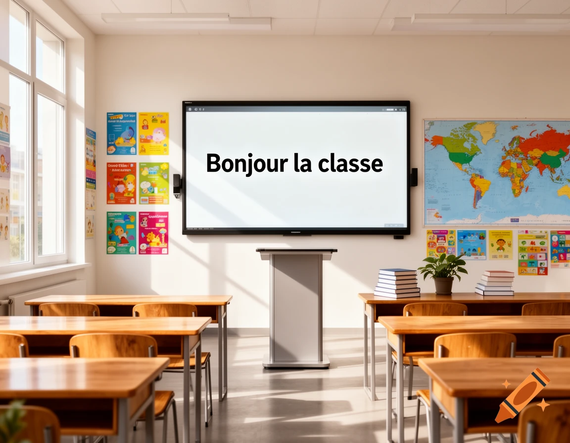 A brightly lit classroom with wooden desks and chairs, a large screen displaying "Bonjour la classe", and a world map on the wall.