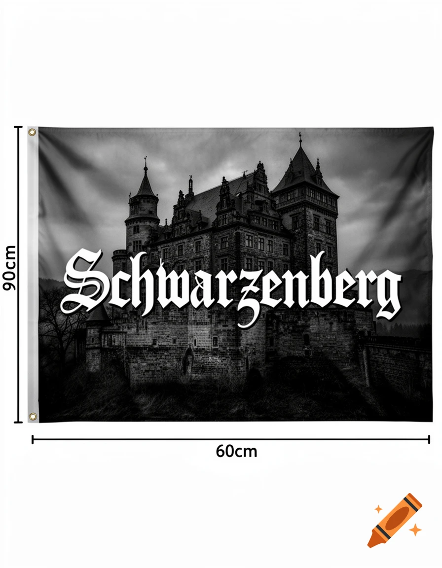 A grayscale flag features a dark, gloomy castle under a cloudy sky with white gothic text reading 'Schwarzenberg'.