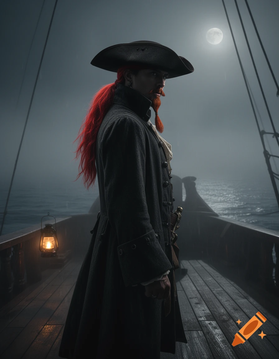 A mysterious pirate with a red ponytail and goatee stands on a ship's deck at night under a full moon, with a lantern glowing beside him.