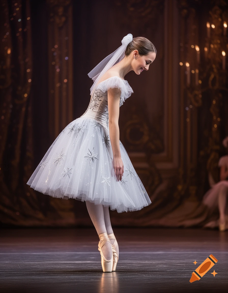 A photorealistic ballerina in a white embroidered tutu bows gracefully on pointe on a stage.