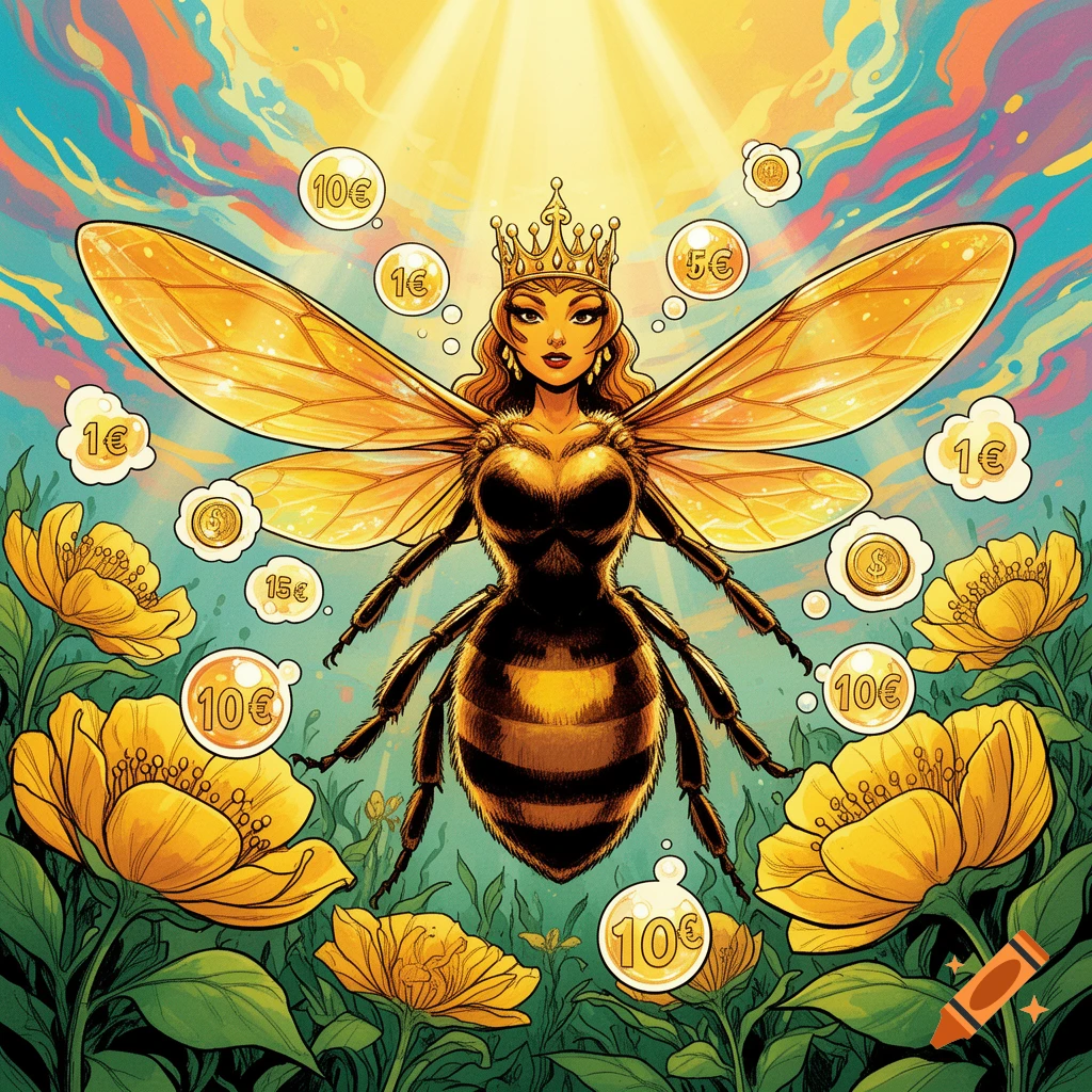 A comic-style illustration of a queen bee with a woman's torso and head, a crown, and bee wings, surrounded by yellow flowers and bubbles containing currency amounts.