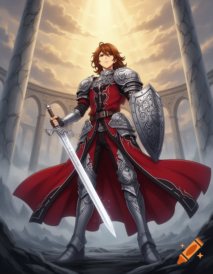 An anime-style male paladin in crimson robes and silver armor stands with a sword and shield amidst ancient ruins under a cloudy sky.