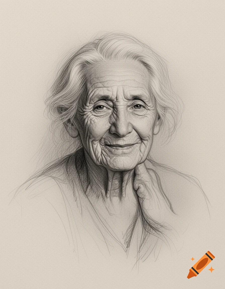 A detailed pencil sketch portrait of an old woman with a gentle smile, looking directly ahead.