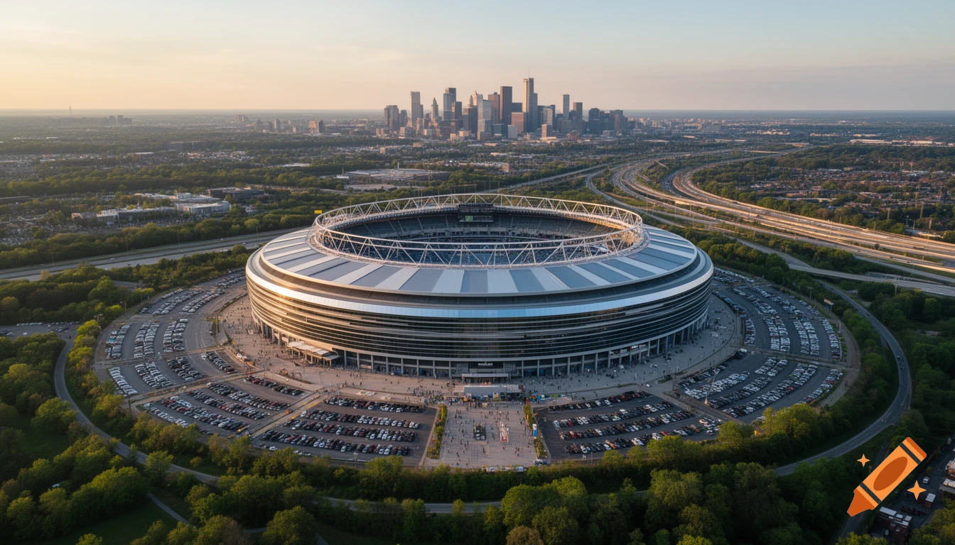 Aerial view of a modern circular stadium surrounded by parking lots and highways, with a city skyline in the distance at sunset.
