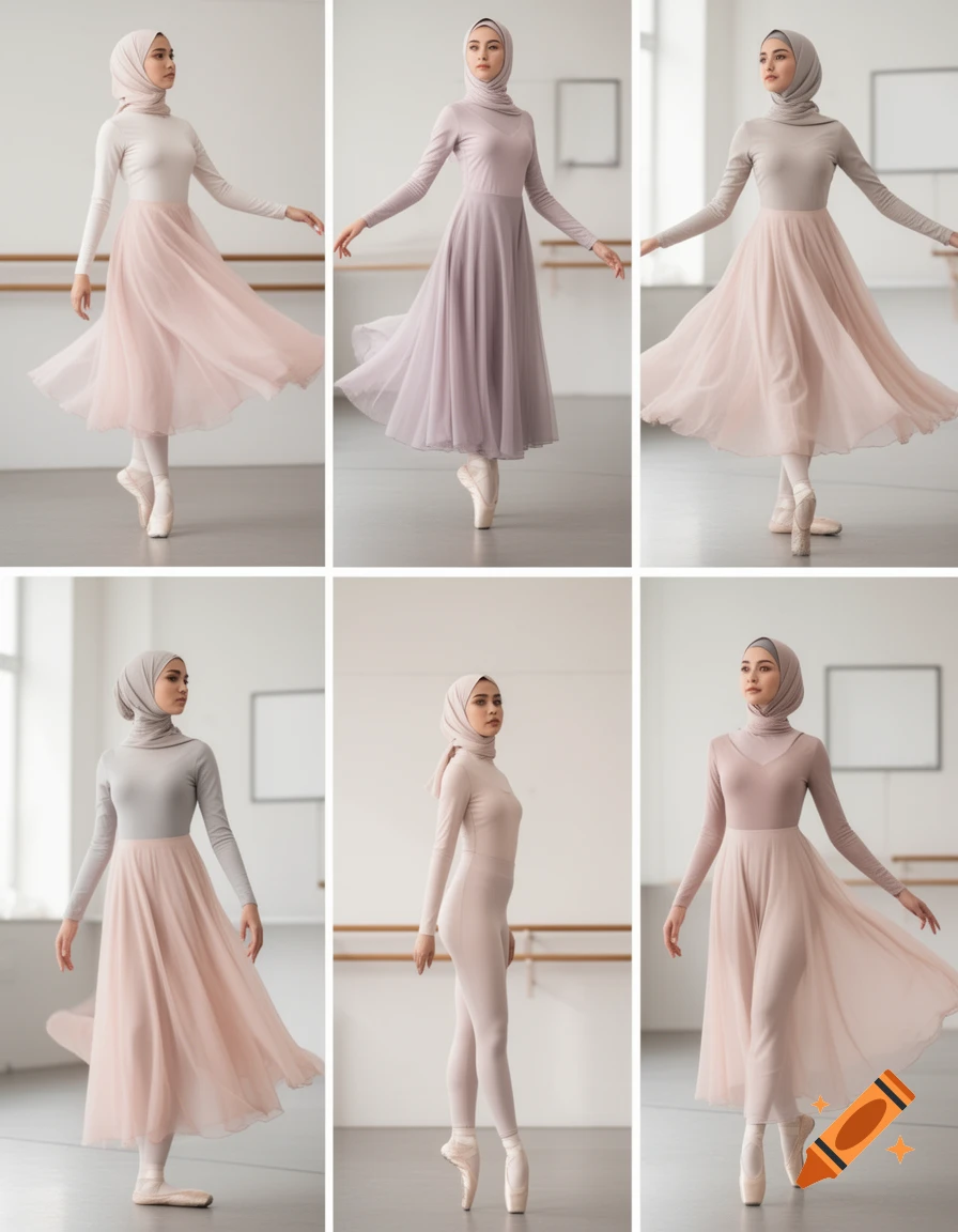 Collage of six photorealistic images showing a Muslim ballet dancer wearing a hijab and modest ballet attire, posing on pointe in a studio.