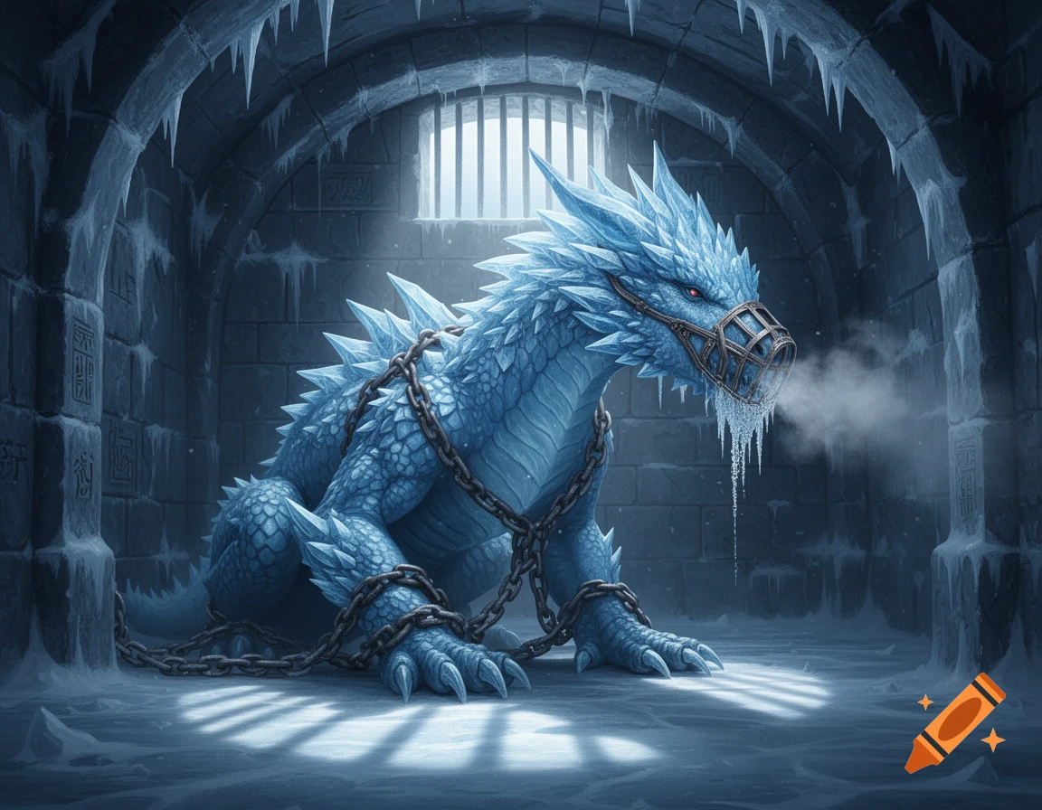 A muzzled and chained ice dragon sits in a cold, icy dungeon cell, breathing out frosty vapor.