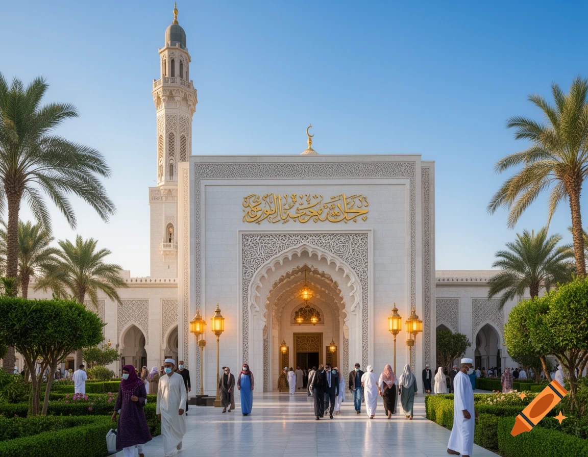 A grand white mosque with a tall minaret, golden Arabic calligraphy, palm trees, and people walking on a sunny day.