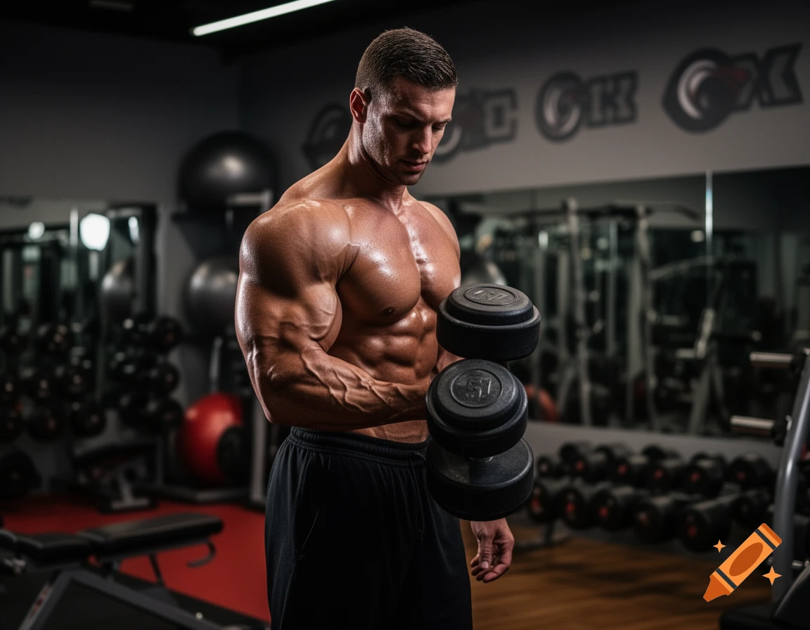 A muscular man with prominent veins and abs holds a dumbbell in a photorealistic gym setting.