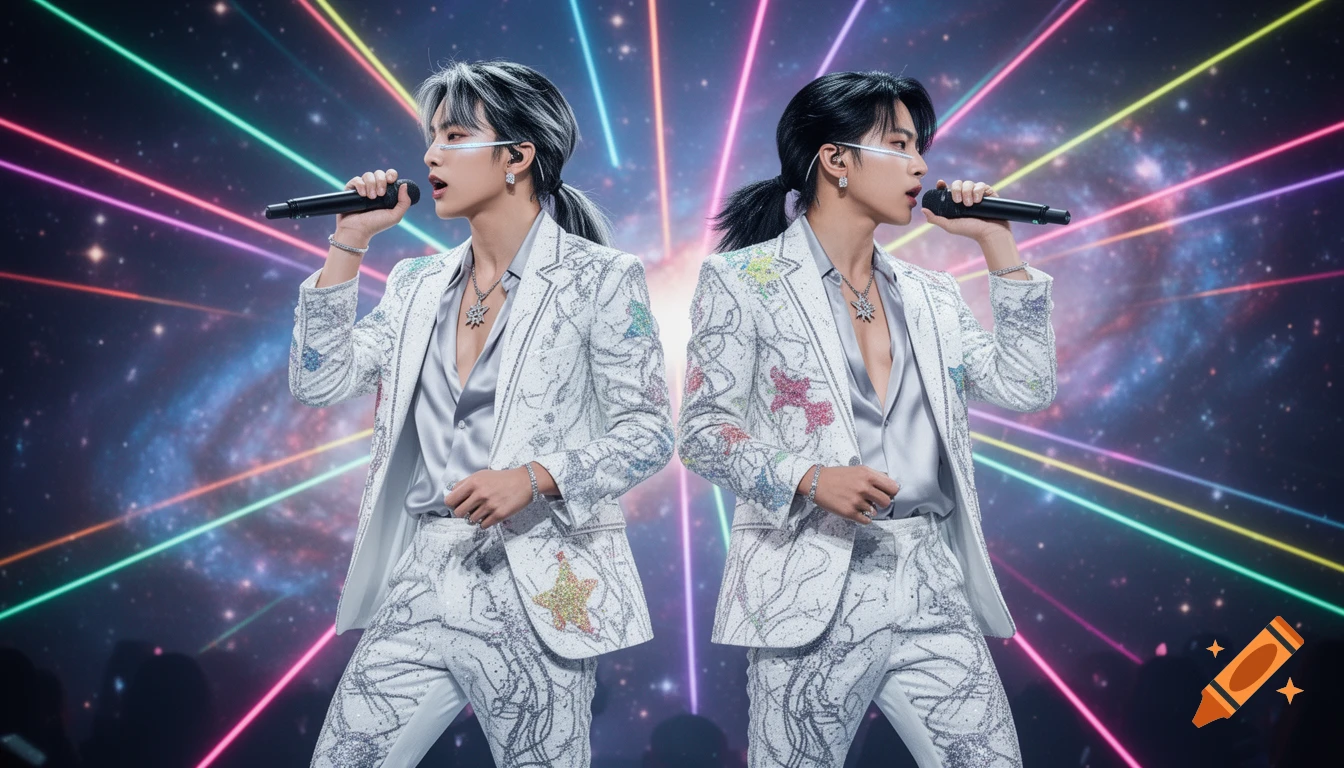 A K-pop duo of two men in white glittery suits with silver streaked hair, singing into microphones against a cosmic background with neon laser beams.