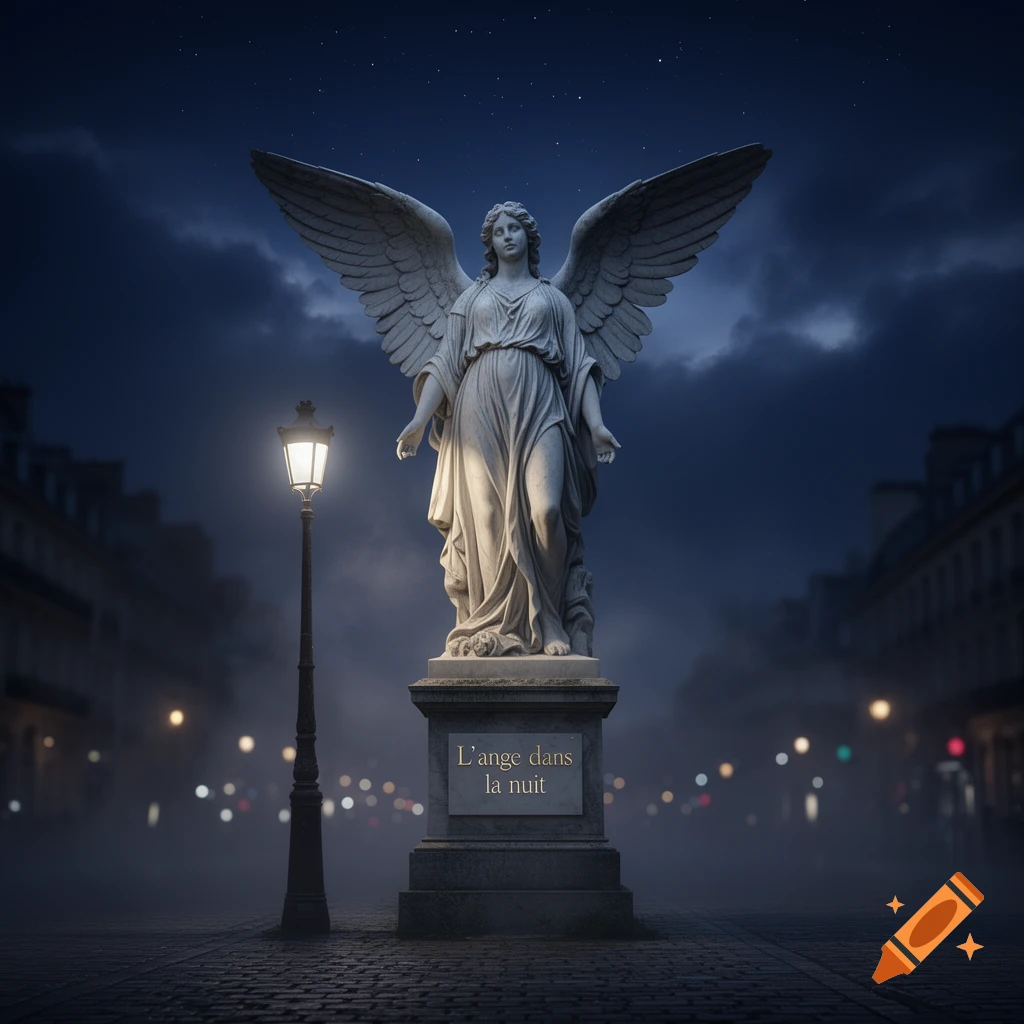 Classical stone angel statue at night, illuminated by a street lamp on a cobbled city street under a starry, cloudy sky.
