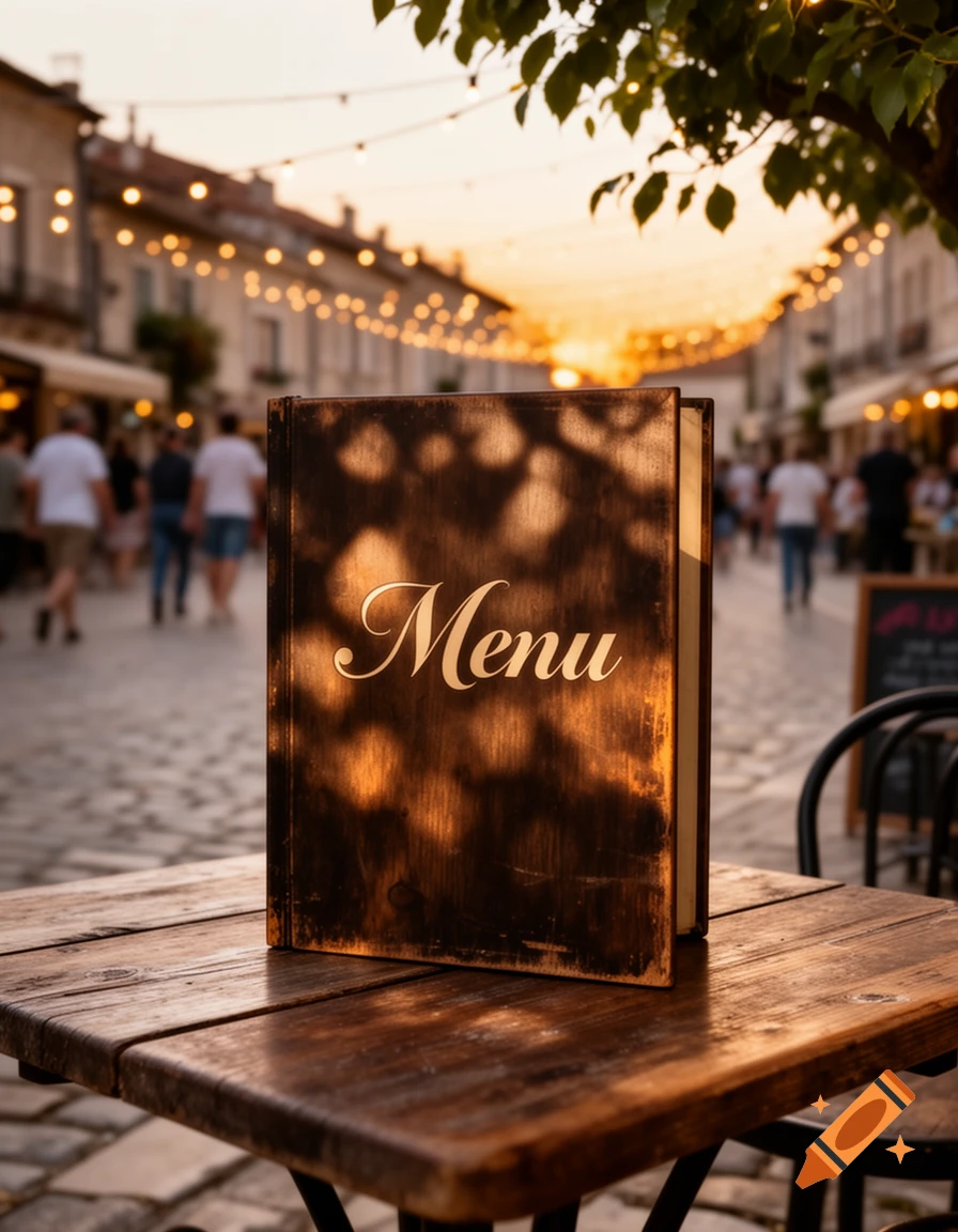 A wooden menu book on a table in a bustling street at sunset, with string lights overhead.