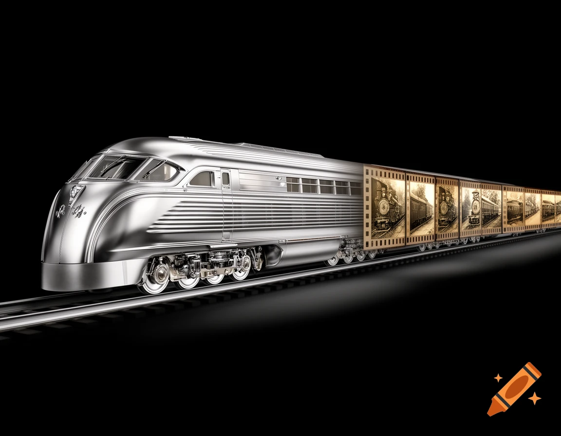 A sleek, silver streamlined train on tracks, its back cars transitioning into filmstrips showing vintage trains, on a black background.